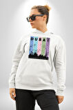 Dubai Şehir Silüeti Renkli Şehir Kadın Erkek  Beyaz Kapüşonlu Sweatshirt Hoodie