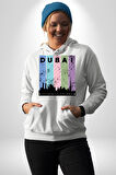 Dubai Şehir Silüeti Renkli Şehir Kadın Erkek  Beyaz Kapüşonlu Sweatshirt Hoodie