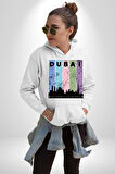 Dubai Şehir Silüeti Renkli Şehir Kadın Erkek  Beyaz Kapüşonlu Sweatshirt Hoodie