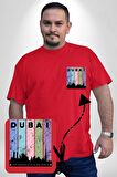 Dubai Şehir Silüeti Renkli Şehir Kırmızı Büyük Beden Kadın Basic Minimal Baskılı Tişört