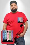 Dubai Şehir Silüeti Renkli Şehir Kırmızı Büyük Beden Kadın Basic Minimal Baskılı Tişört