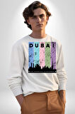 Dubai Şehir Silüeti Renkli Şehir Kadın Erkek Beyaz Sweatshirt 