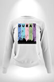 Dubai Şehir Silüeti Renkli Şehir Kadın Erkek Beyaz Sweatshirt 
