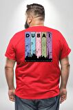 Dubai Şehir Silüeti Renkli Şehir Büyük Beden Kırmızı Tişört Kadın Erkek Ünisex Sırt Baskılı