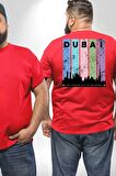 Dubai Şehir Silüeti Renkli Şehir Büyük Beden Kırmızı Tişört Kadın Erkek Ünisex Sırt Baskılı
