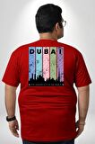 Dubai Şehir Silüeti Renkli Şehir Büyük Beden Kırmızı Tişört Kadın Erkek Ünisex Sırt Baskılı