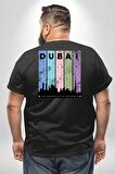 Dubai Şehir Silüeti Renkli Şehir Büyük Beden Siyah Tişört Kadın Erkek Ünisex Sırt Baskılı