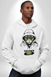 Hacker Kedi Bilgisayar Korsanı Yeşil Gözlük Kadın Erkek  Beyaz Kapüşonlu Sweatshirt Hoodie