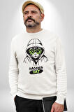Hacker Kedi Bilgisayar Korsanı Yeşil Gözlük Kadın Erkek Beyaz Sweatshirt 