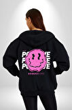Positive Enerji Emoji Gülen Surat Kadın Erkek Siyah Kapüşonlu Fermuarlı Baskılı Hırka Sweatshirt