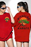 Miyagi-Do Karete Çocuk Logo Dizi Bonzai Ağaç Kırmızı Oversize Kadın Erkek Ön ve Sırt Baskılı Tişört