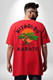 Miyagi-Do Karete Çocuk Logo Dizi Bonzai Ağaç Kırmızı Oversize Kadın Erkek Ön ve Sırt Baskılı Tişört