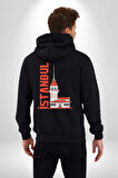 İstanbul Kız Kulesi Türkiye Kadın Erkek Siyah Kapüşonlu Fermuarlı Baskılı Hırka Sweatshirt