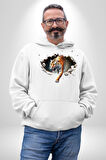 Kırık Duvar Kaplan Kadın Erkek  Beyaz Kapüşonlu Sweatshirt Hoodie