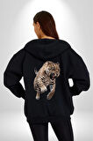 Jaguar Sırtından Çıkan Kadın Erkek Siyah Kapüşonlu Fermuarlı Baskılı Hırka Sweatshirt