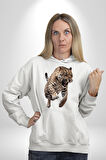 Jaguar Sırtından Çıkan Kadın Erkek  Beyaz Kapüşonlu Sweatshirt Hoodie
