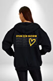 Oyun İçin Hazırım Kalp Kadın Erkek Siyah Kapüşonlu Fermuarlı Baskılı Hırka Sweatshirt