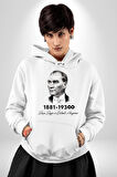 Atatürk 10 Kasım Anma Kadın Erkek  Beyaz Kapüşonlu Sweatshirt Hoodie