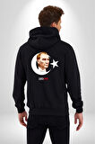 Atatürk Türk Bayrağı Sonsuzluk Kadın Erkek Siyah Kapüşonlu Fermuarlı Baskılı Hırka Sweatshirt