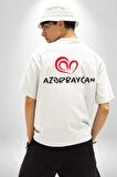 Azerbaycan Seviyorum I love Azarbaycan Beyaz Oversize Kadın Erkek Ön ve Sırt Baskılı Tişört