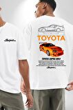 Toyota Supra MK4 Yarış Arabası Beyaz Oversize Kadın Erkek Ön ve Sırt Baskılı Tişört