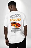 Toyota Supra MK4 Yarış Arabası Beyaz Oversize Kadın Erkek Ön ve Sırt Baskılı Tişört