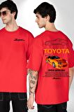 Toyota Supra MK4 Yarış Arabası Kırmızı Oversize Kadın Erkek Ön ve Sırt Baskılı Tişört