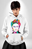Frida Çiçek Taç Kadın Erkek  Beyaz Kapüşonlu Sweatshirt Hoodie