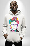 Frida Çiçek Taç Kadın Erkek  Beyaz Kapüşonlu Sweatshirt Hoodie