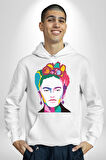 Frida Çiçek Taç Kadın Erkek  Beyaz Kapüşonlu Sweatshirt Hoodie