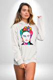 Frida Çiçek Taç Kadın Erkek  Beyaz Kapüşonlu Sweatshirt Hoodie