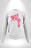 Pembe Panter Animasyon Kadın Erkek Beyaz Sweatshirt 