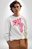 Pembe Panter Animasyon Kadın Erkek Beyaz Sweatshirt 