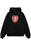 Unisex Kalp ve Melek Baskılı Kapüşonlu Siyah Sweatshirt
