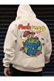 Unisex Mushroom Baskılı Kapüşonlu Krem Sweatshirt