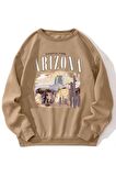 Unisex Arizona Baskılı Bej Bisiklet Yaka Sweatshirt