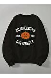 Unisex Halloween Baskılı Siyah Bisiklet Yaka Sweatshirt