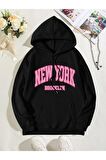 Unisex New York Brooklyn Baskılı Kapüşonlu Siyah Sweatshirt