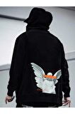 Unisex Melek Baskılı Kapüşonlu Siyah Sweatshirt
