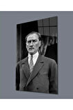 Atatürk Portre Siyah Beyaz Cam Tablo Hediyelik Büyük Tablo Ev Ofis Dekoru