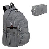 2'lİ Set Lüx Krinkıl Kumaş Lise Ve Ortaokul Sırt Çantası + Kalemlik, Maymun Anahtarlık Hediyeli