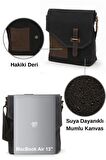 Cappadocia Hakiki Deri Suya Dayanıklı Koyu Siyah Postacı Omuz Çantası Mumlu Kanvas Laptop Çantası