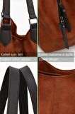 Cappadocia Vintage Kiremit PU Deri Günlük Omuz Çantası Üç Bölmeli Hobo - Tote El Çantası
