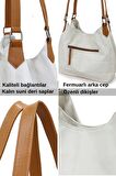 Myra Kadın Krem PU Deri Günlük Omuz Çantası Üç Bölmeli Yumuşak Tote El Çantası