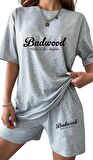 Kadın Badwood Yazılı Tasarımlı Baskılı Gri Penye Şort ve Oversize T-Shirt Takımı
