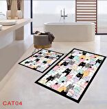 Kedi Desen Banyo Paspası, Sevimli Renkli Kediler, Figürlü Paspas Takımı, Kaymaz Taban Banyo Paspası, Çiçekli  Klozet Takımı, Klozet Takımı, Yıkanabilir Klozet Takımı, Dekoratif Banyo Paspası