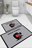 Sevimli Kedi Banyo Paspası, Kaymaz Taban Banyo Paspası, Yazılı Klozet Takımı, Klozet Takımı, Yıkanabilir Klozet Takımı, Dekoratif Banyo Paspası, Gri Klozet Takımı, Smile Please