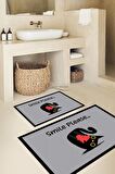 Sevimli Kedi Banyo Paspası, Kaymaz Taban Banyo Paspası, Yazılı Klozet Takımı, Klozet Takımı, Yıkanabilir Klozet Takımı, Dekoratif Banyo Paspası, Gri Klozet Takımı, Smile Please