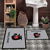 Sevimli Kedi Banyo Paspası, Kaymaz Taban Banyo Paspası, Yazılı Klozet Takımı, Klozet Takımı, Yıkanabilir Klozet Takımı, Dekoratif Banyo Paspası, Gri Klozet Takımı, Smile Please