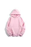 Unisex Düz Oversize Kapüşonlu Pembe Sweatshirt